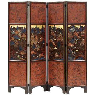 A Vintage Chinese Lacquer Four Fold Screen