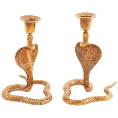 A Pair Of Art Deco Cobra Brass Engraved Candlesticks