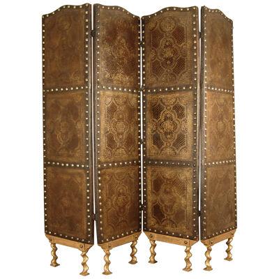 PORTUGUESE BAROQUE FOUR-PANEL PARCEL-GILT TOOLED LEATHER SCREEN