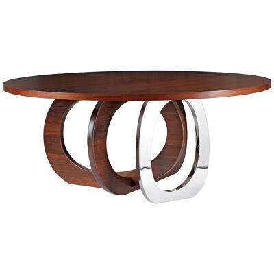 Dining Table Circular Shape Table Top Walnut Wood One Ring Mirror Steel