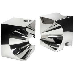 Pair of Monolithic Side Table Cube Shape Mirror Polished Stainless Steel Italy 