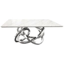 Dining Table Square Calacatta Marble Top Sculpture Metal Rings Mirror Steel 
