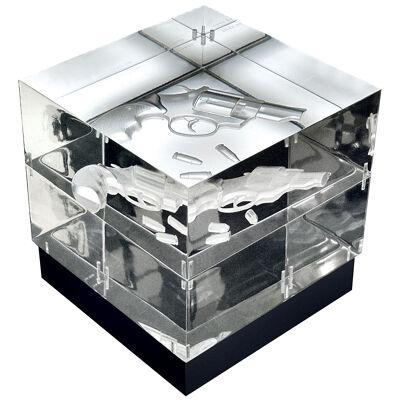 Table Lamp Gun Block Cube Transparent Acrylic Glass Black Genuine Leather Base