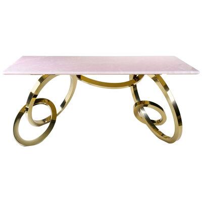 Writing Desk Home Office Table Pink Onyx 24 Kt Gold Mirror Polished Steel Rings