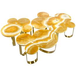 Coffee Table Rounded Shape Orange Onyx Top Brushed Brass Structure Three Pieces