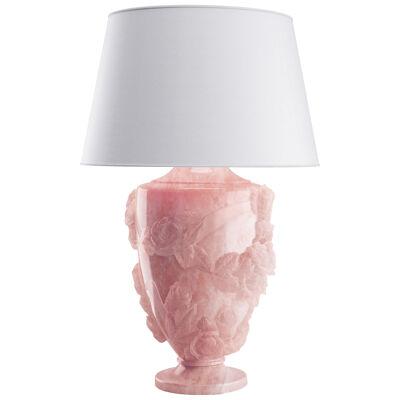 Sculpture Table Lamp 13 Roses Hand Carved Pink Onyx Block, Linen Lampshade