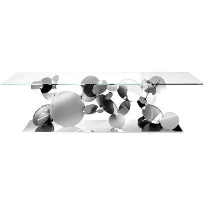 Dining Table Sculptural Mirror Steel Disks Base Tempered Crystal Glass Top Italy