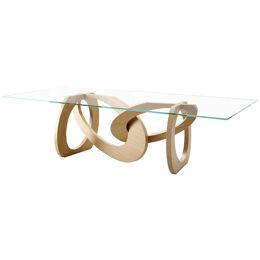 Dining Table Glass Top Solid Light Oak Wood Structure Rings Made in Italy