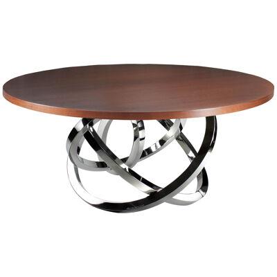 Round Dining Table Sculptural Mirror Steel Rings Base Walnut Wood Table Top