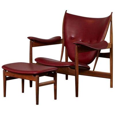 Set of Chieftain Armchair and Chieftain Stool in Wood and Leather by Finn Juhl