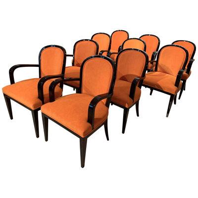 Set of 10 restored Art Deco Armchairs, Black Lacquer, France, circa 1930