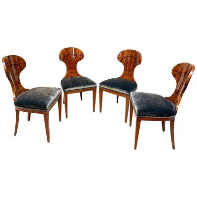 Set of Four Austrian Biedermeier Chairs, Ash Veneer, Grey Velvet, Circa 1890