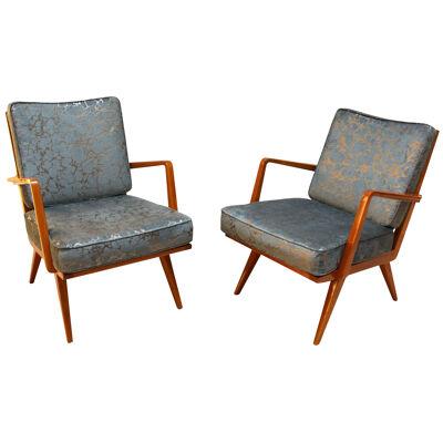 Pair of Midcentury Armchairs, Cherrywood, Blue/Silver Fabric, Germany, 1950s