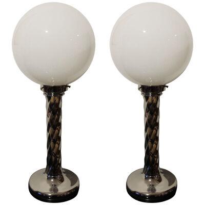 Pair of Midcentury Table Lamps, Chromed Columns and White Opaline Glass, 1950s
