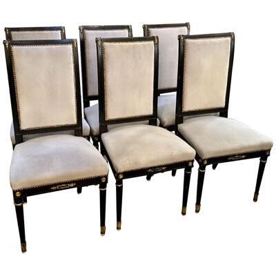Set of 6 French stamped Jansen Black Lacquered Dining Chairs