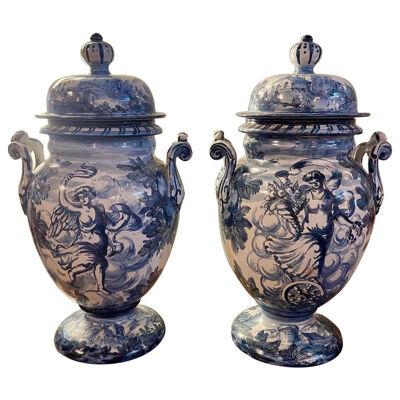 Pair of Blue and White Faience Glazed Lidded Urns