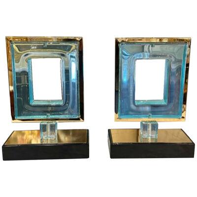 Pair of Blue Square Murano Glass Lamps