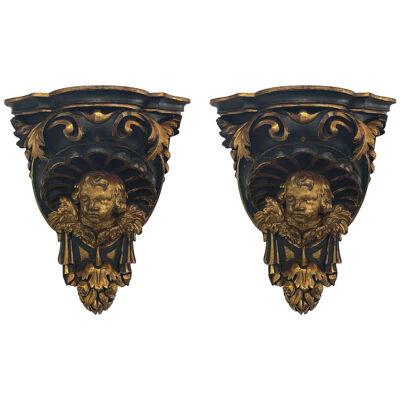 Pair of Large 19th Century Carved and Parcel Gilt Cherub Wall Brackets