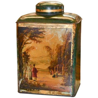 Antique English Tole Hand-Painted Tea Can