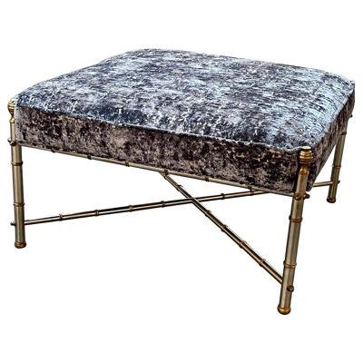 Vintage French Jansen Style Steel and Brass Upholstered Ottoman
