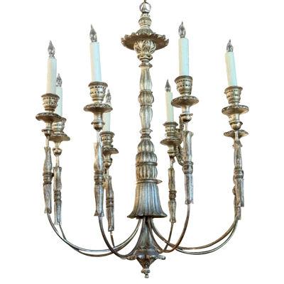 Italian Carved Silver Leaf Wood and Iron Chandelier