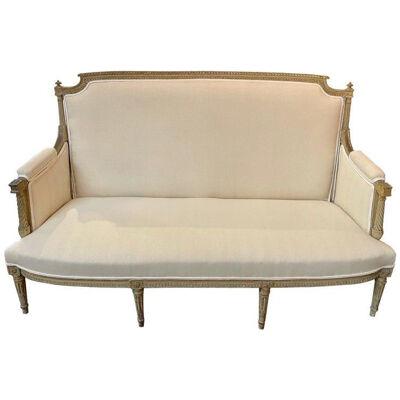 19th Century French Louis XVI Style Carved and Painted High Back Settee