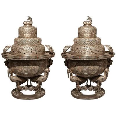 Exceptional Pair of Sino-Mongolian Silvered Copper Incense Burners