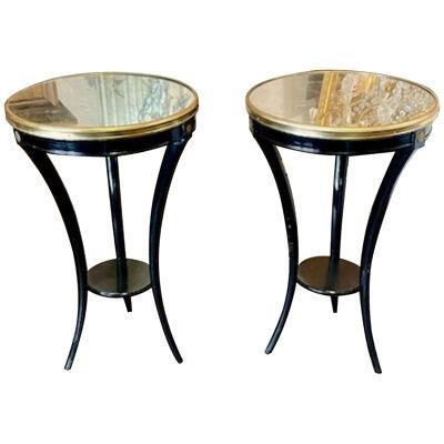 French Jansen Style Black Lacquered and Brass Tables