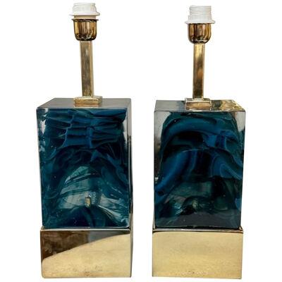 Pair of Modern Blue Murano Glass and Brass Lamps