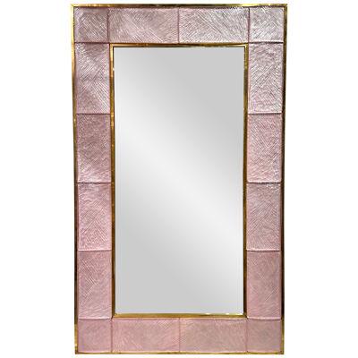 Murano Pink Glass and Brass Mirror