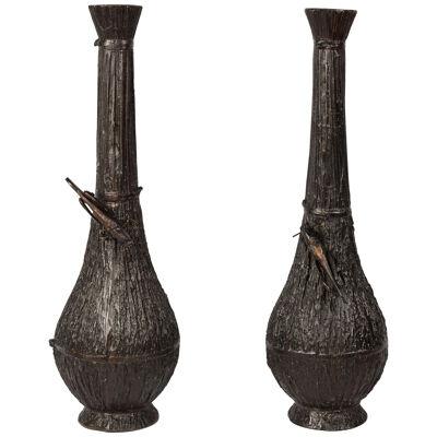 Pair of Japanese bronze vases with grasshopper 