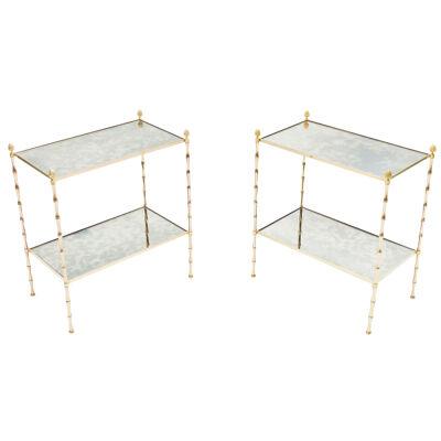 Pair of French Maison Baguès Bamboo Brass Mirrored Two-Tier End Tables, 1960s