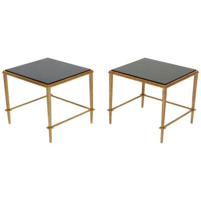 Pair of French Maison Ramsay end tables gilded iron black lacquer 1950