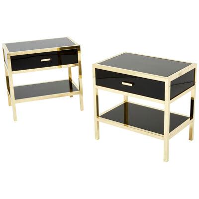 Pair of Michel Pigneres black lacquered brass nightstands tables 1970s