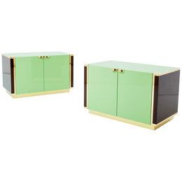 J.C. Mahey pair of small green lacquer and brass cabinets 1970s