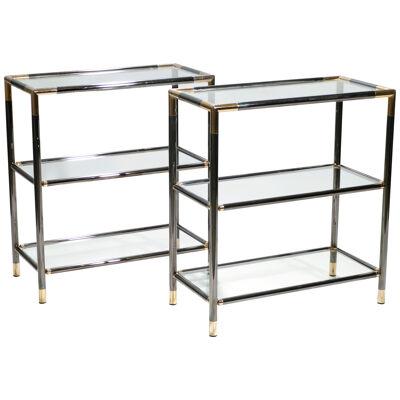 Pair of French Gunmetal and Brass Three-Tiered Shelves, 1970s