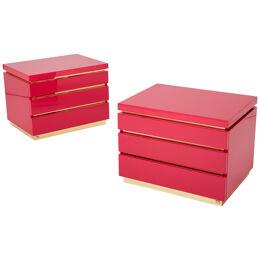 Pair of Jean-Claude Mahey pink lacquered brass nightstands 1970s