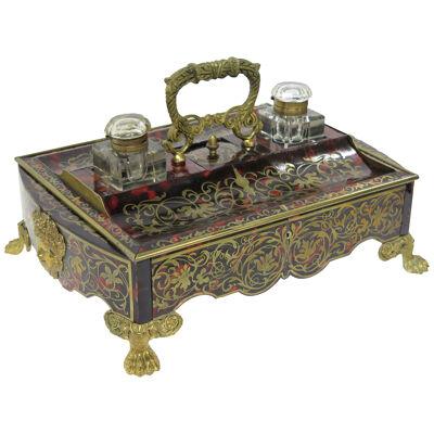 Tortoise Shell and Boulle Clouble Inkwell Desk Set with Single Drawer