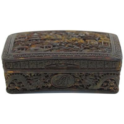 Exquisitely Carved Tortoise Shell Box with Cipher / Monogram