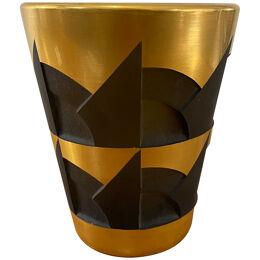 Jean Luce black glass vase with gilding and acid etched design.