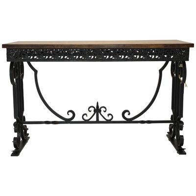 AF1-238: Late 20th C Spanish Colonial Style Wrought Iron & Oak Console Table