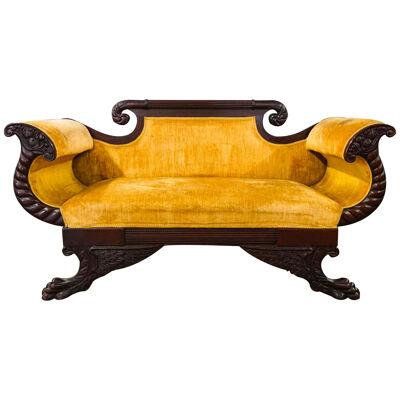 AF2-100: C 1820's American Federal Carved Mahogany Upholstered Sofa