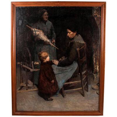 AW157- Frank Edwin Scott - Two Women at a Loom - Oil on Canvas -Late 19th C