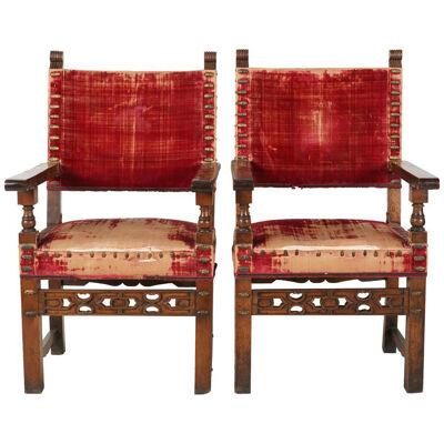 AF2-095: PAIR OF LATE 18TH C SPANISH BAROQUE CARVED WALNUT ARM CHAIRS