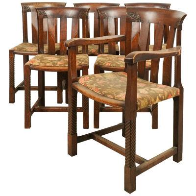 AF2-041: Set of 6 Early 20th C English Arts & Crafts Dining Chairs 