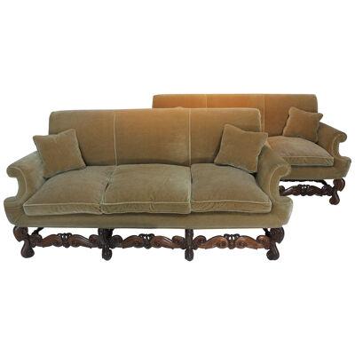 AF2-125: Pair Early 20th C Charles II Style Carved Walnut Sofas w/ Mohair Uphols