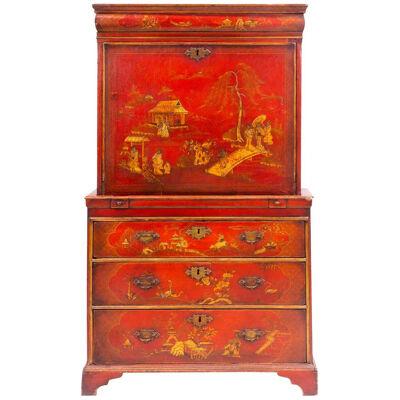 AF5-012: GEORGIAN CHINOISERIE SECRETARY - 18TH CENTURY - RED LACQUER JAPANNED