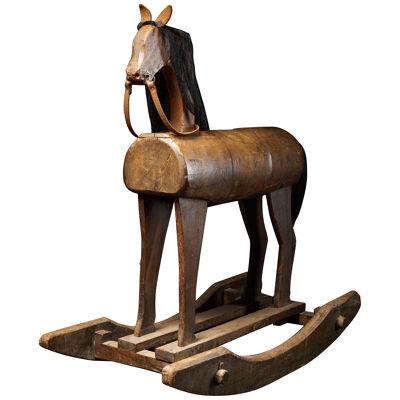 Early 20th C childerens Wooden Rocking Horse with real horsehair