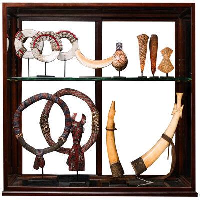 19th C Vitrine with Ethnographic curiosities from Africa and Oceania