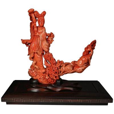 Exceptional Chinese Carved Coral Figure of a Guanyin with Deer